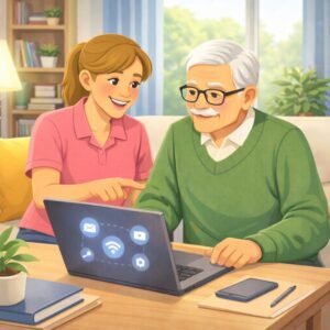 jeune femme qui aide une personne agées avec son ordinateur