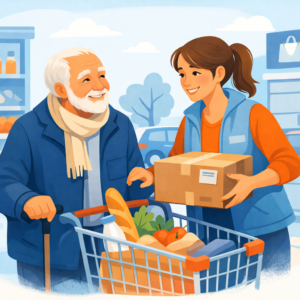femme qui aide un monsieur agées a faire les courses