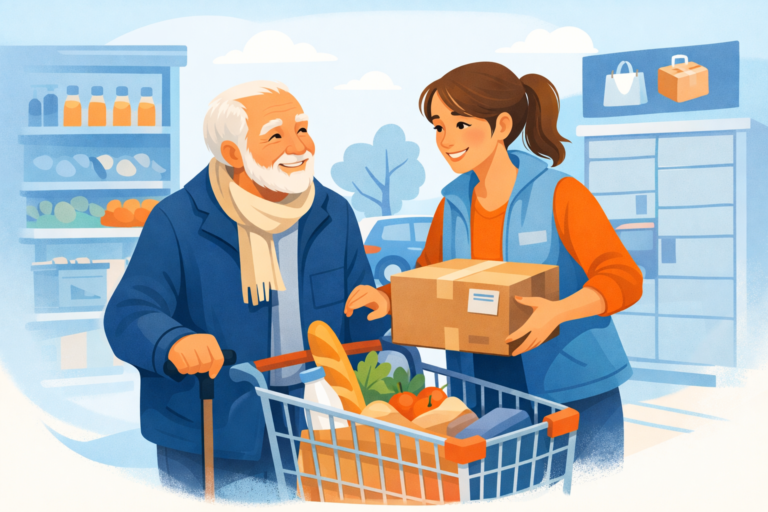 femme qui aide un monsieur agées a faire les courses