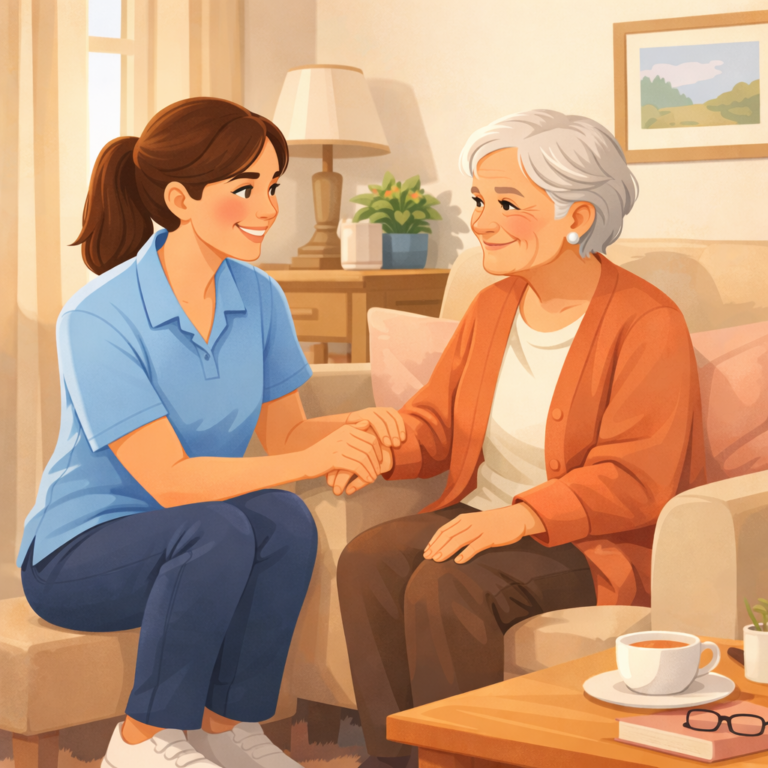 femme qui rend visite a une femme agées pour lui tenir compagnie